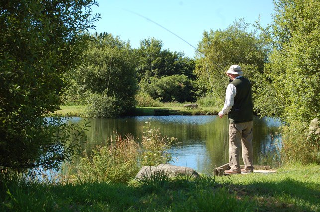 An angler casting from the bank of a sunlit fly lake